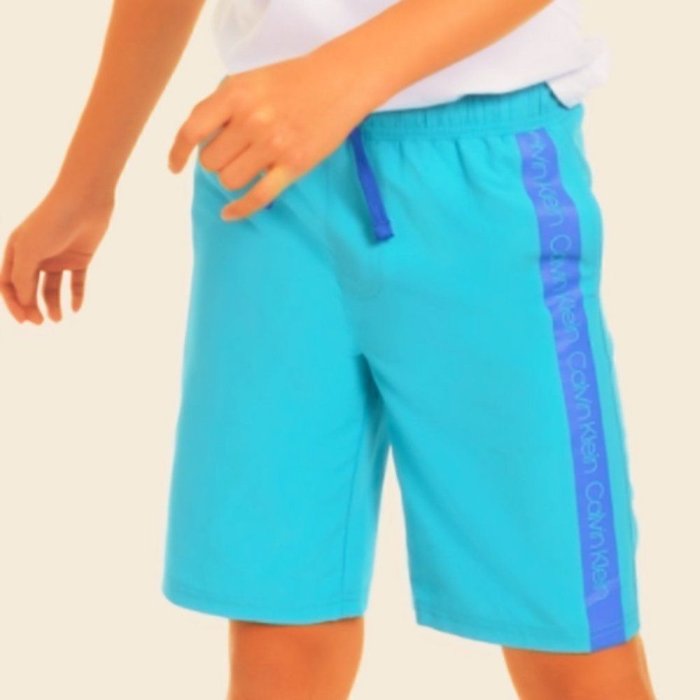 Calvin Klein Big Boys Caspian Blue Logo Stripe Swimwear Board Shorts Size 8